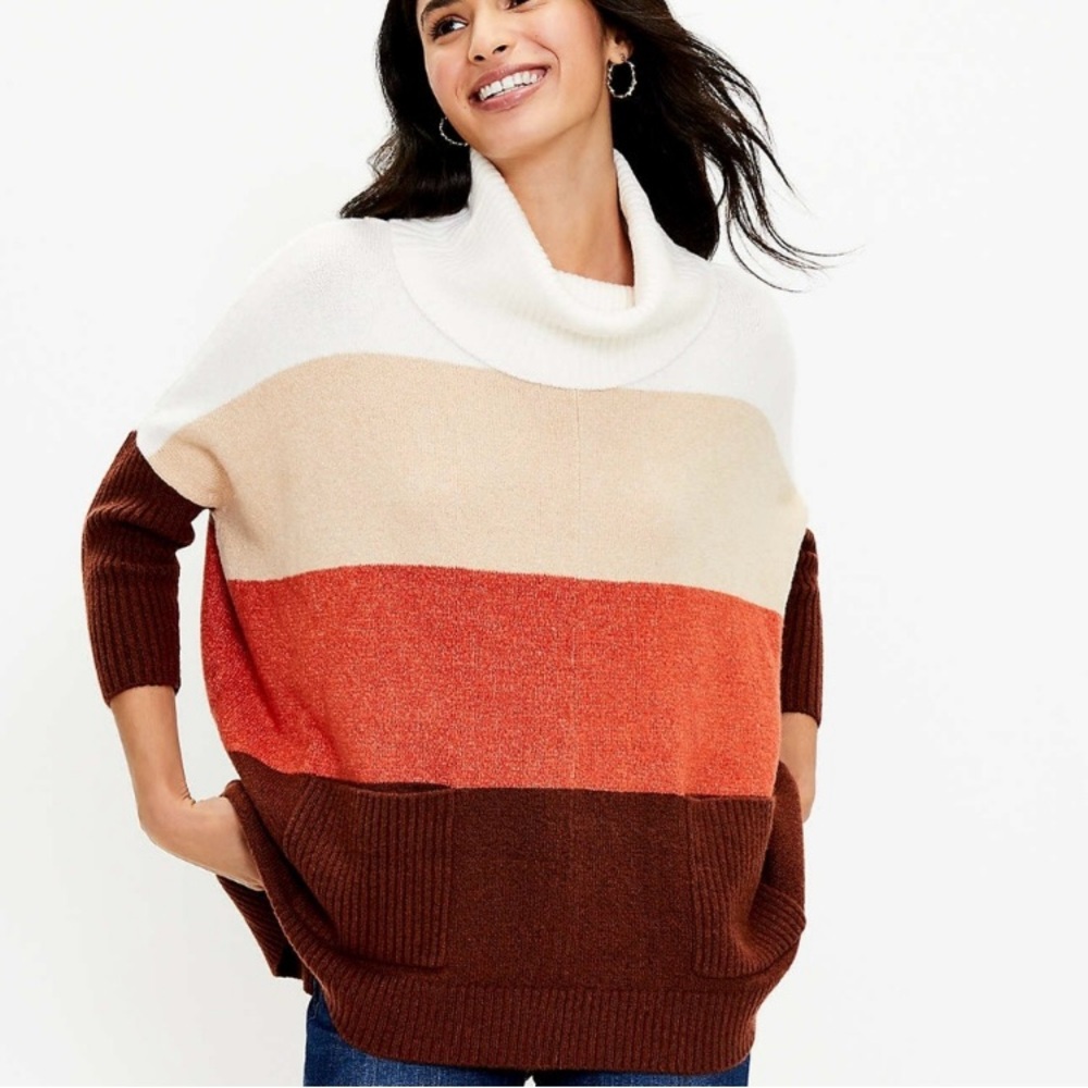 LOFT Oversized Colorblock Striped Cowl Neck Pocket Pullover Sweater Poncho Large